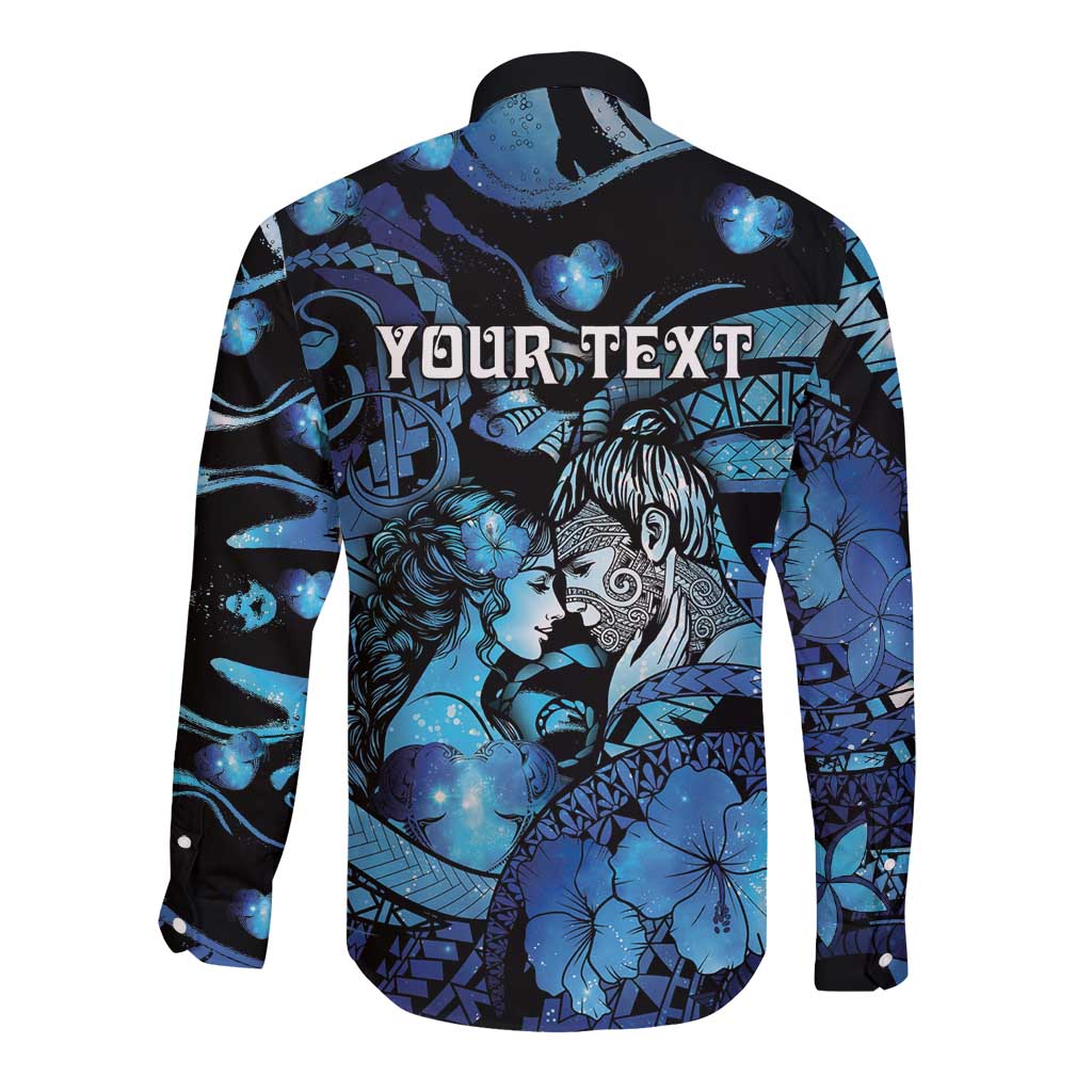 Personalised Maori Romantic Valentine Long Sleeve Button Shirt The Hongi Kiss Blue Galaxy DT05 - Polynesian Pride