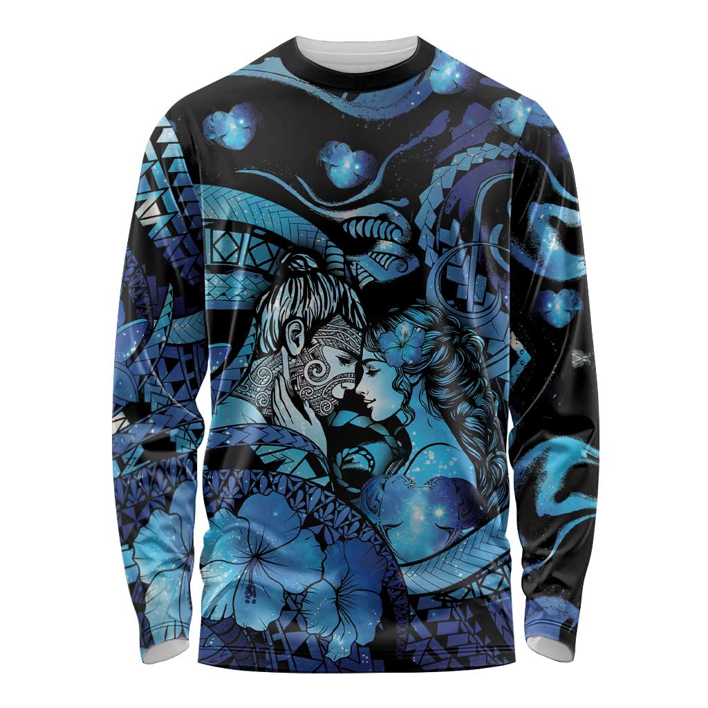 Personalised Maori Romantic Valentine Long Sleeve Shirt The Hongi Kiss Blue Galaxy DT05 Unisex Blue - Polynesian Pride