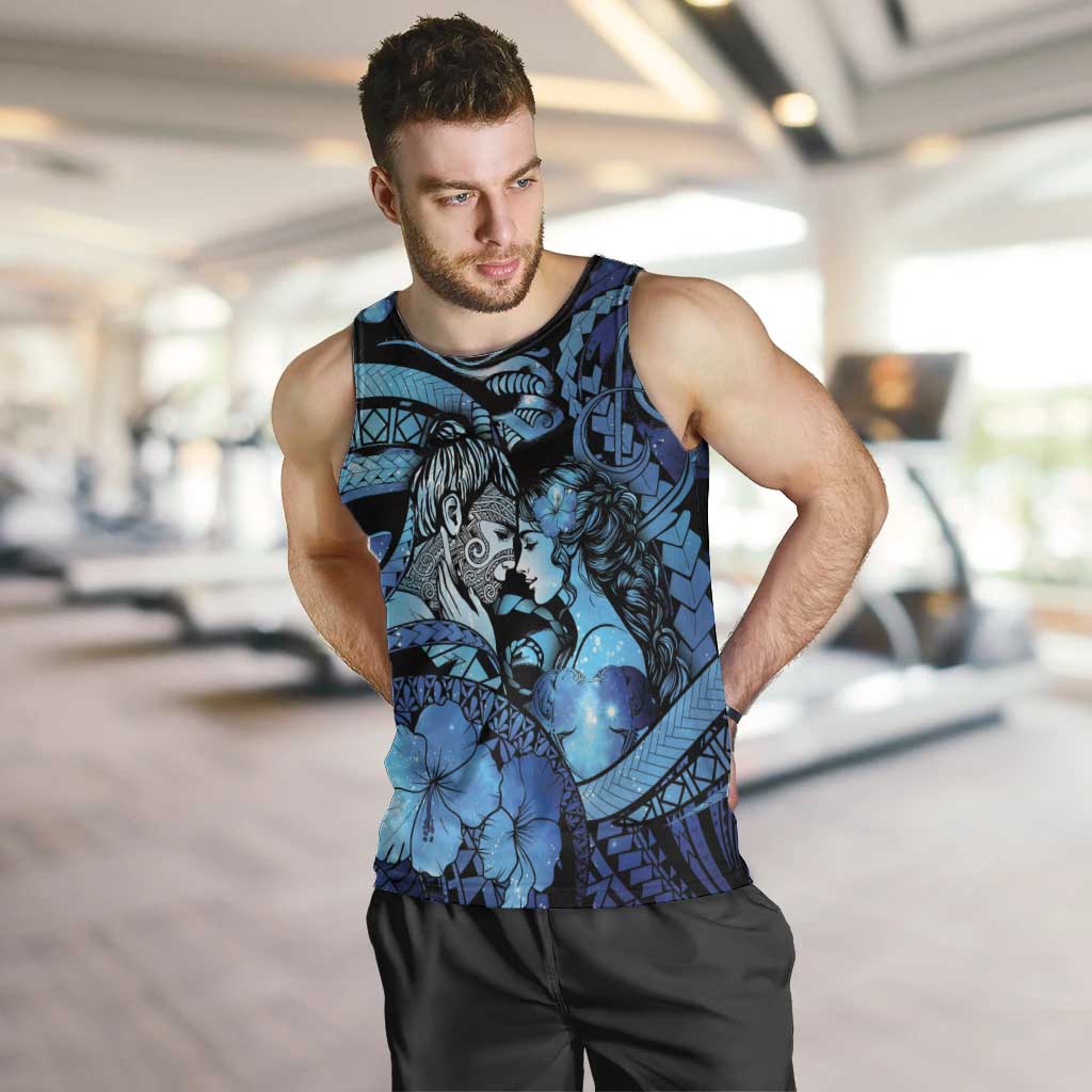 Personalised Maori Romantic Valentine Men Tank Top The Hongi Kiss Blue Galaxy DT05 Blue - Polynesian Pride