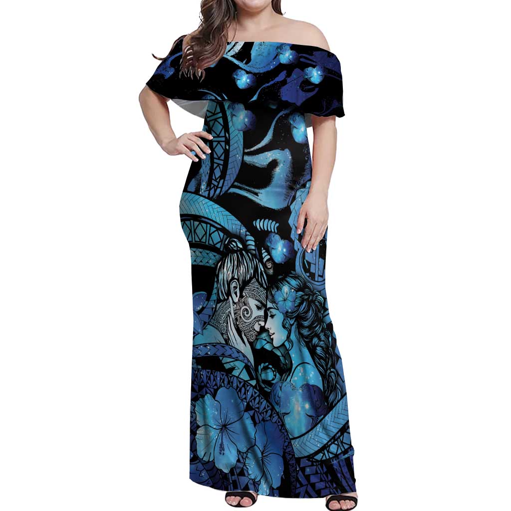 Personalised Maori Romantic Valentine Off Shoulder Maxi Dress The Hongi Kiss Blue Galaxy DT05 Women Blue - Polynesian Pride