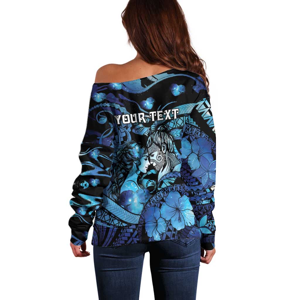 Personalised Maori Romantic Valentine Off Shoulder Sweater The Hongi Kiss Blue Galaxy DT05 - Polynesian Pride