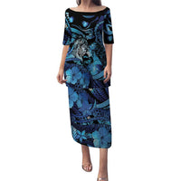 Personalised Maori Romantic Valentine Puletasi The Hongi Kiss Blue Galaxy DT05 Long Dress Blue - Polynesian Pride