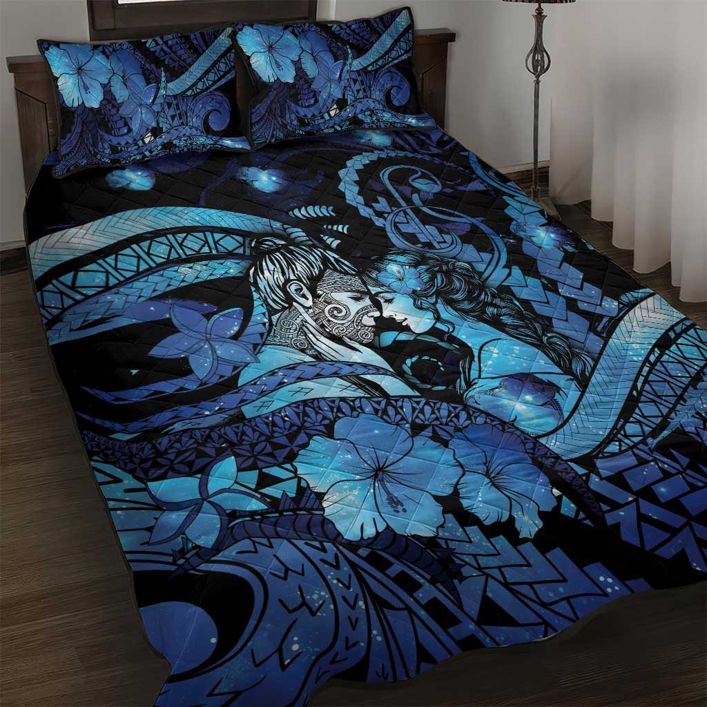 Maori Romantic Valentine Quilt Bed Set The Hongi Kiss Blue Galaxy DT05 Blue - Polynesian Pride