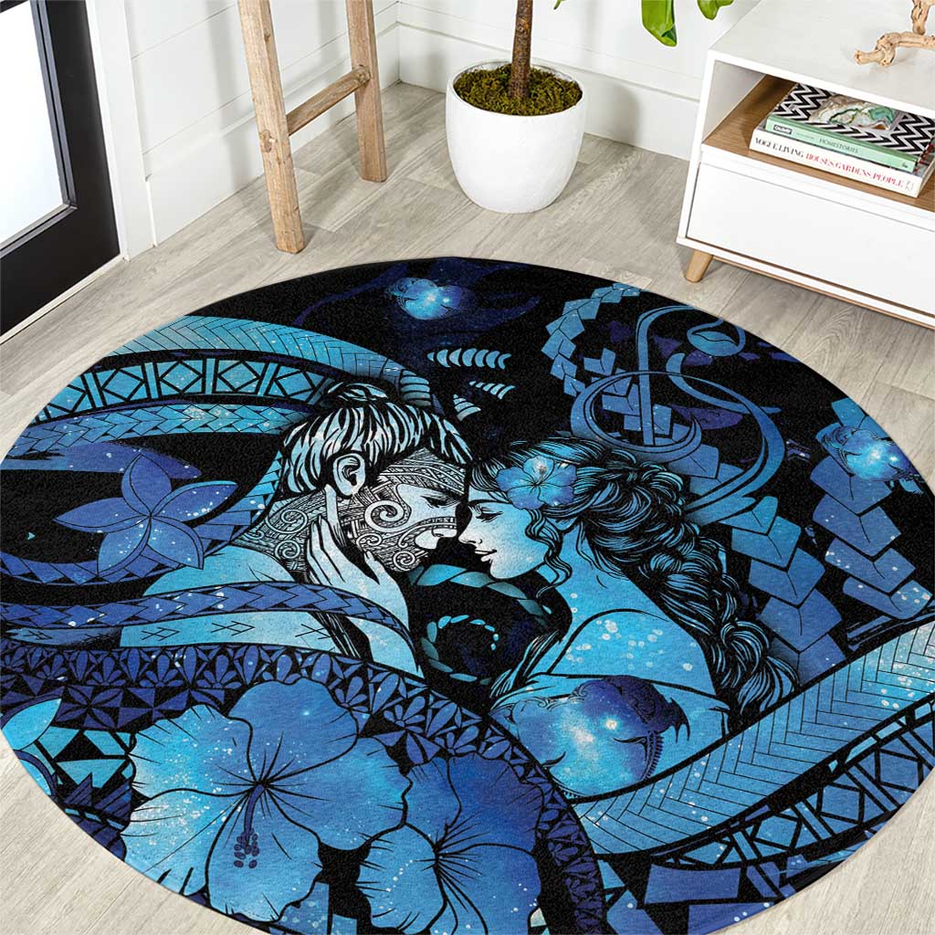 Maori Romantic Valentine Round Carpet The Hongi Kiss Blue Galaxy DT05 Blue - Polynesian Pride