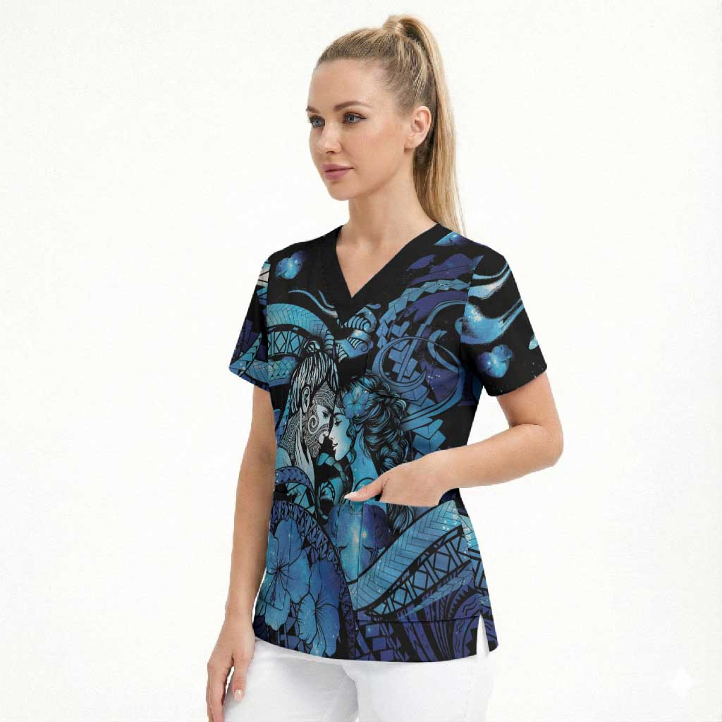 Personalised Maori Romantic Valentine Scrub Top The Hongi Kiss Blue Galaxy DT05 - Polynesian Pride