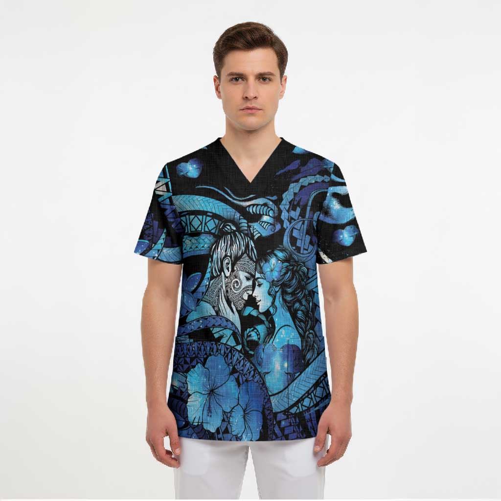 Personalised Maori Romantic Valentine Scrub Top The Hongi Kiss Blue Galaxy DT05 - Polynesian Pride