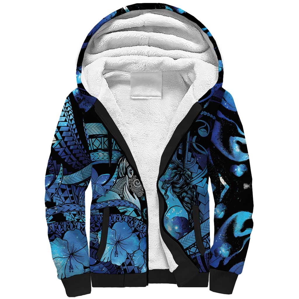 Personalised Maori Romantic Valentine Sherpa Hoodie The Hongi Kiss Blue Galaxy DT05 Unisex Blue - Polynesian Pride