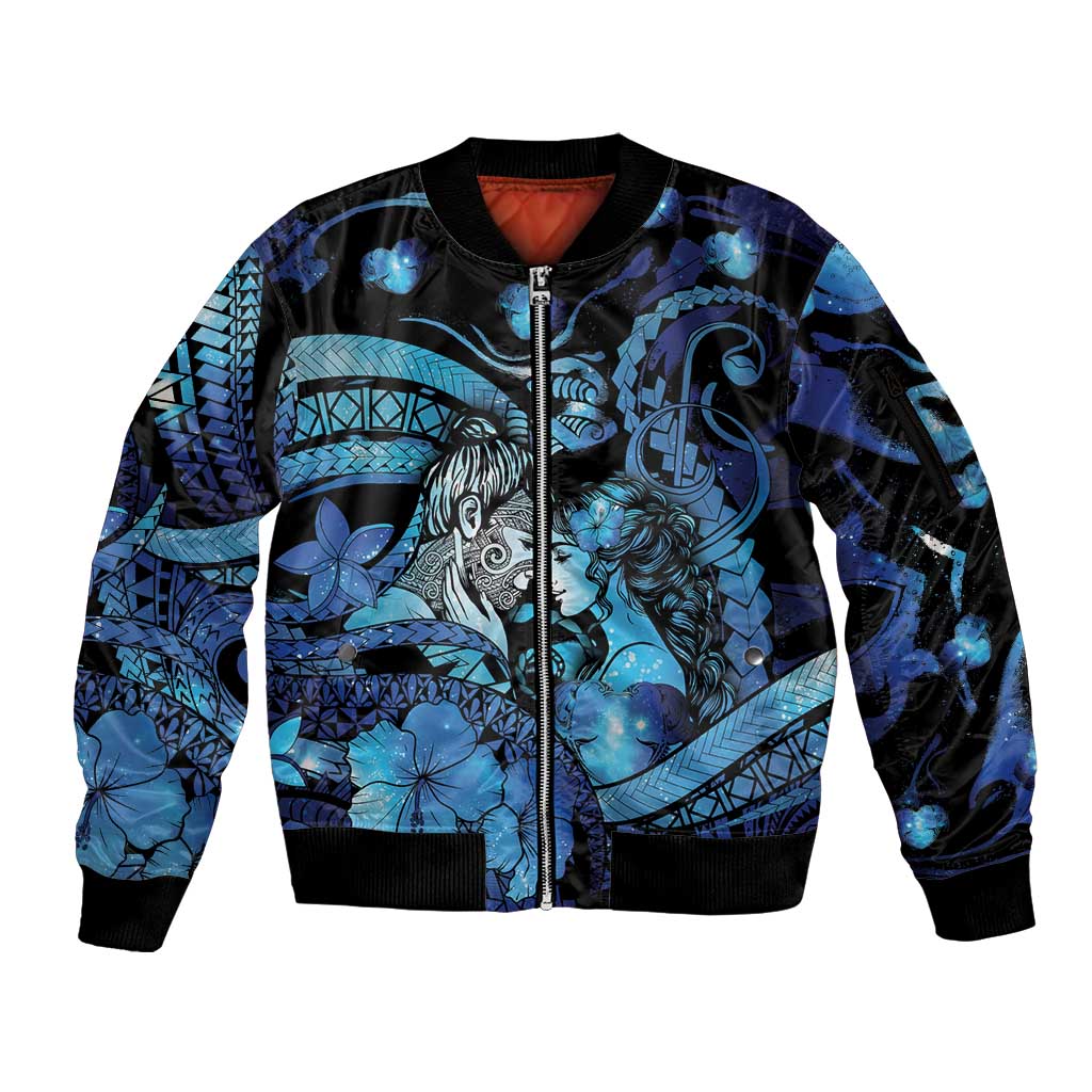 Personalised Maori Romantic Valentine Sleeve Zip Bomber Jacket The Hongi Kiss Blue Galaxy DT05 Unisex Blue - Polynesian Pride