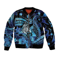 Personalised Maori Romantic Valentine Sleeve Zip Bomber Jacket The Hongi Kiss Blue Galaxy DT05 Unisex Blue - Polynesian Pride