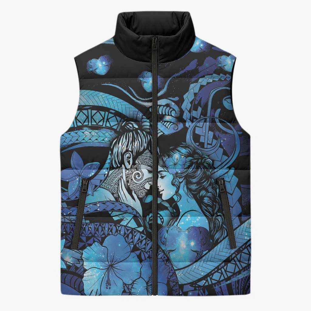 Personalised Maori Romantic Valentine Sleeveless Puffer Jacket The Hongi Kiss Blue Galaxy DT05 Unisex Blue - Polynesian Pride