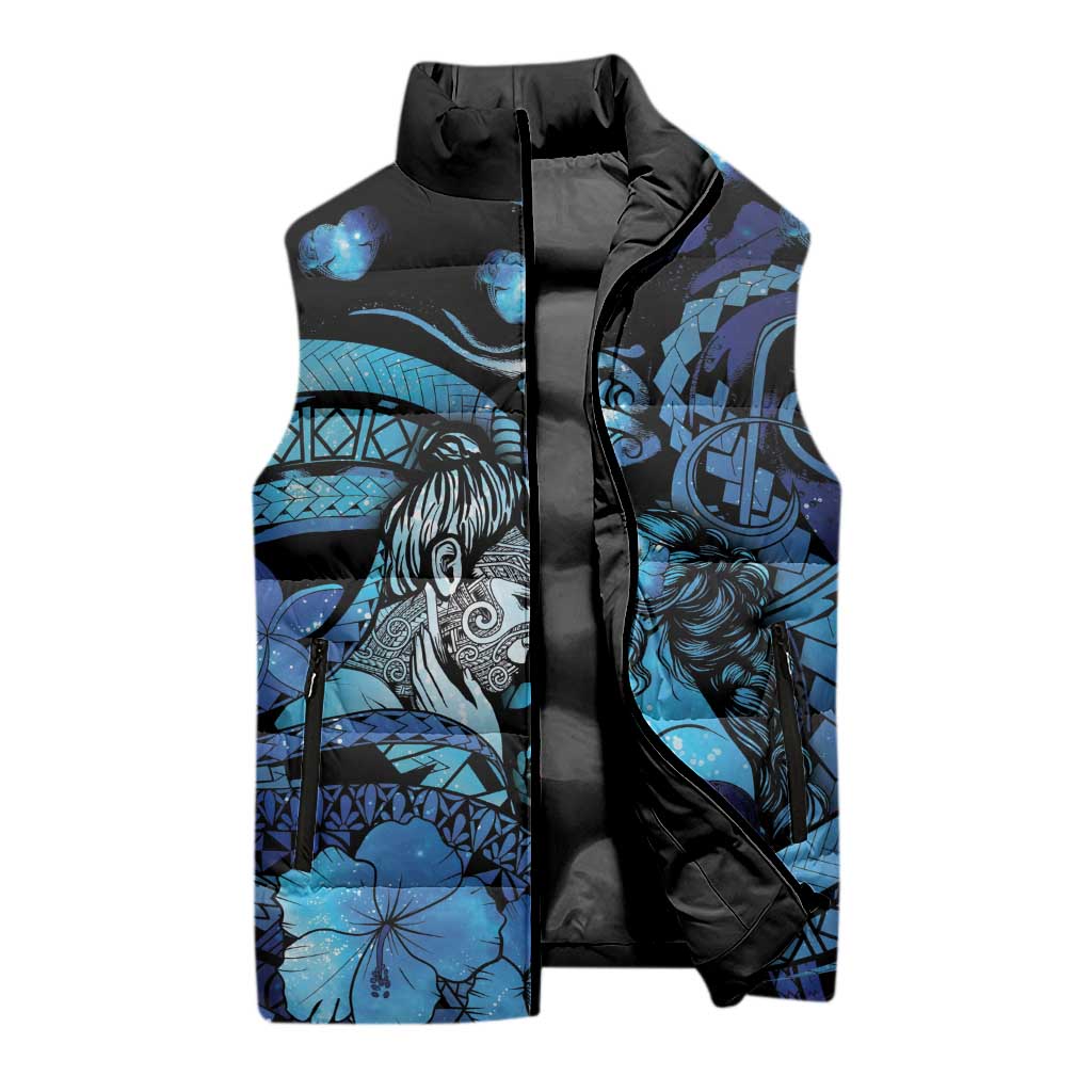 Personalised Maori Romantic Valentine Sleeveless Puffer Jacket The Hongi Kiss Blue Galaxy DT05 - Polynesian Pride