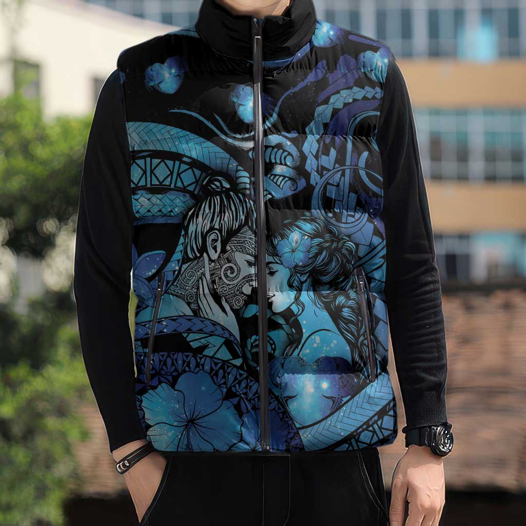 Personalised Maori Romantic Valentine Sleeveless Puffer Jacket The Hongi Kiss Blue Galaxy DT05 - Polynesian Pride