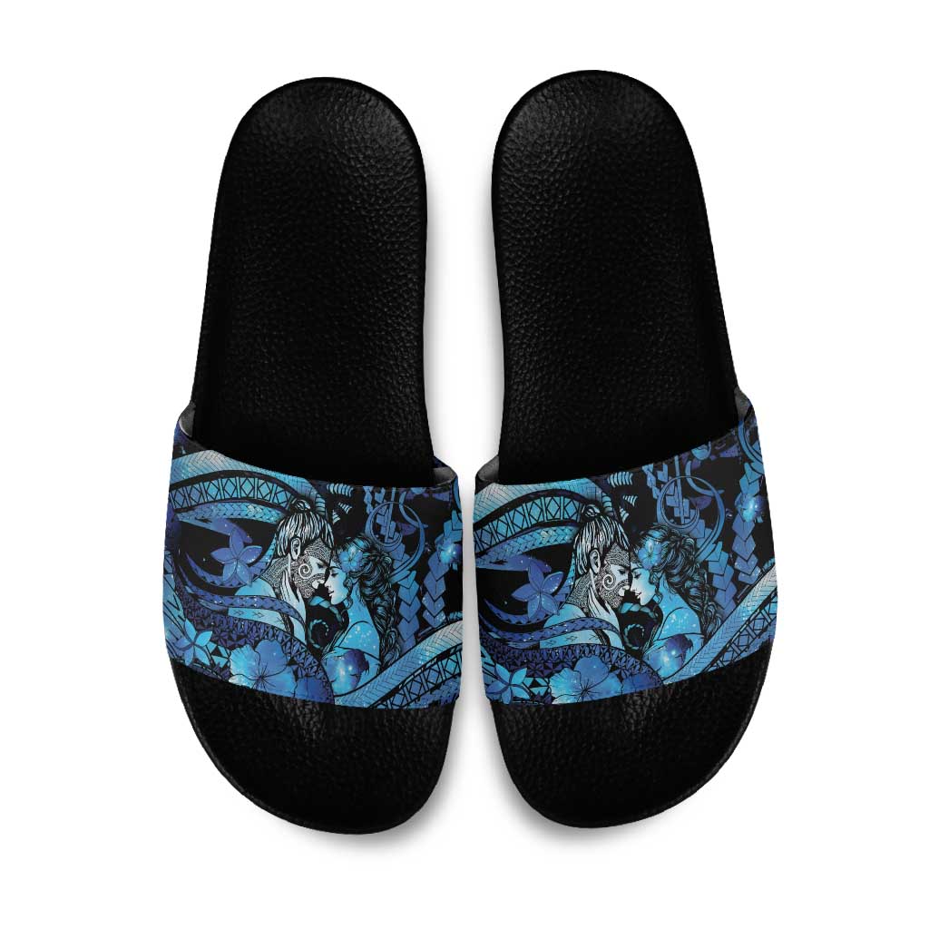 Maori Romantic Valentine Slide Sandals The Hongi Kiss Blue Galaxy DT05 Blue - Polynesian Pride
