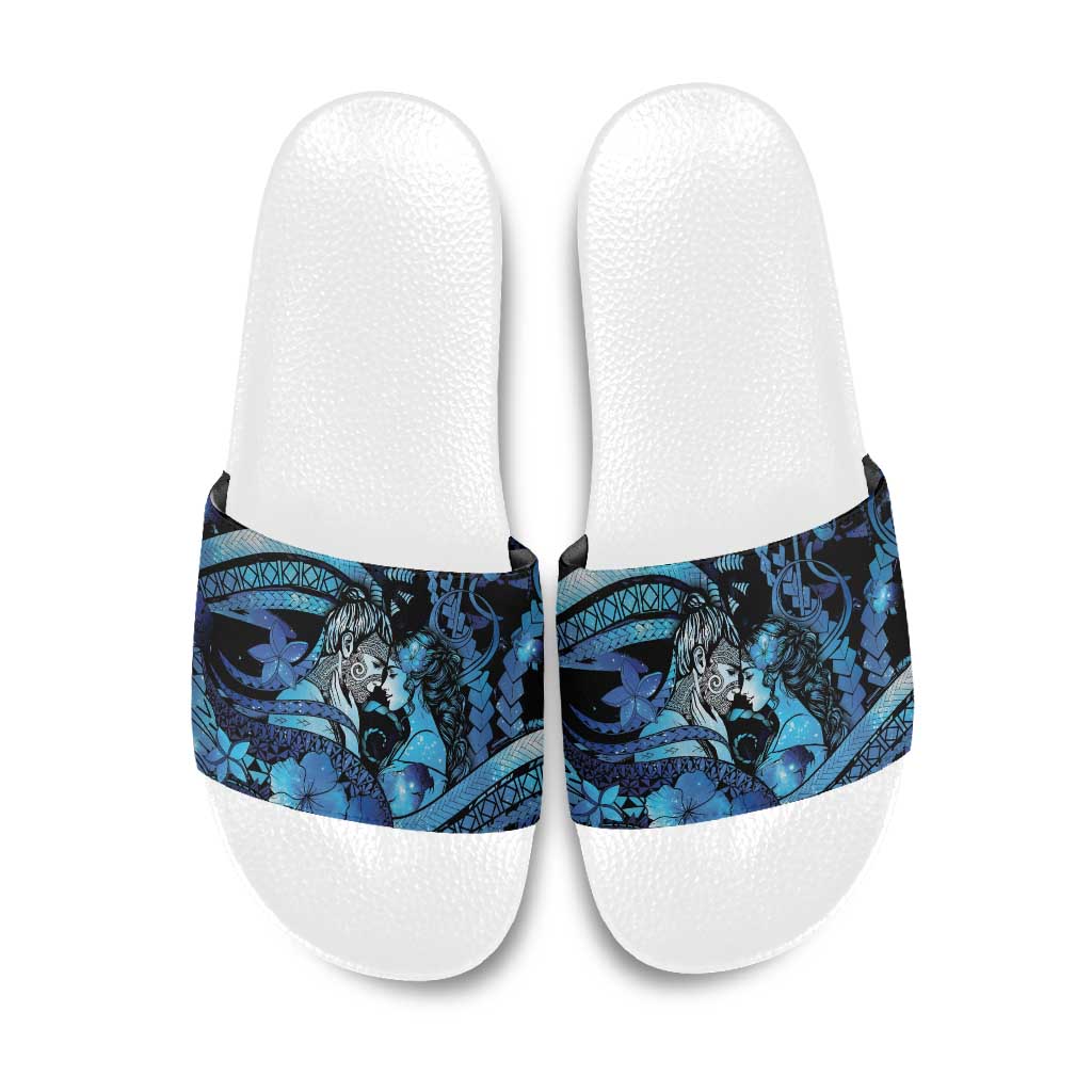 Maori Romantic Valentine Slide Sandals The Hongi Kiss Blue Galaxy DT05 Blue - Polynesian Pride