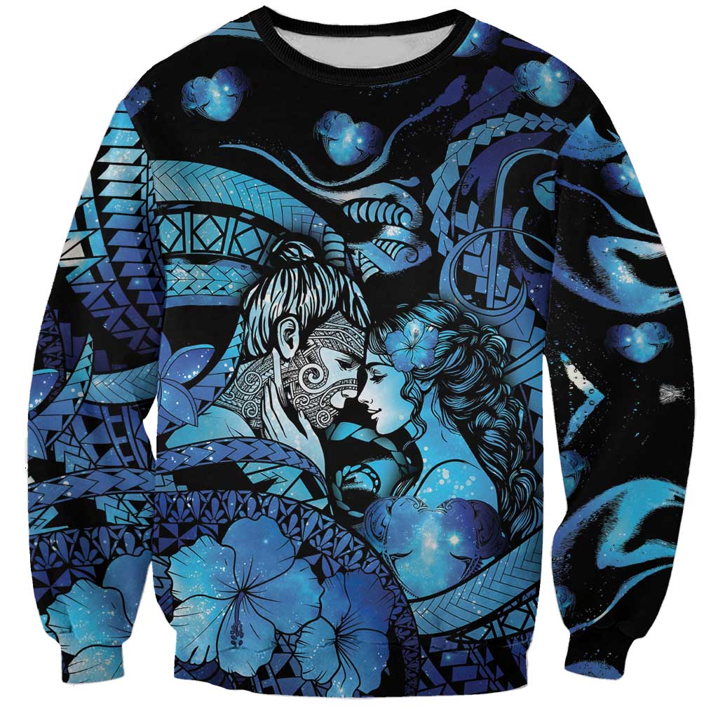 Personalised Maori Romantic Valentine Sweatshirt The Hongi Kiss Blue Galaxy DT05 Unisex Blue - Polynesian Pride