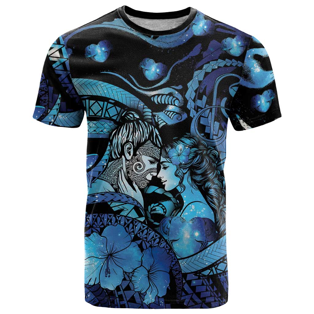 Personalised Maori Romantic Valentine T Shirt The Hongi Kiss Blue Galaxy DT05 Blue - Polynesian Pride