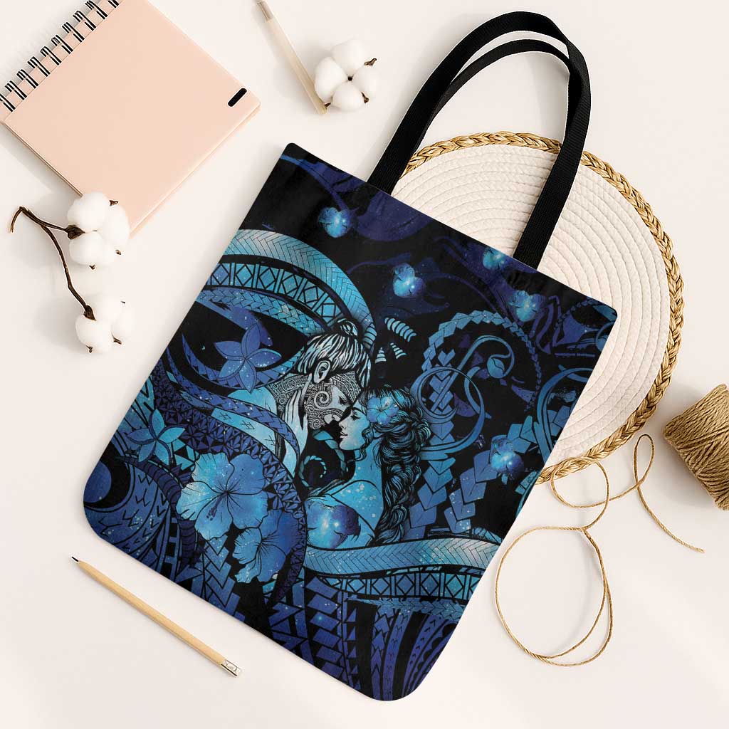 Maori Romantic Valentine Tote Bag The Hongi Kiss Blue Galaxy DT05 Black Strap One Size Blue - Polynesian Pride