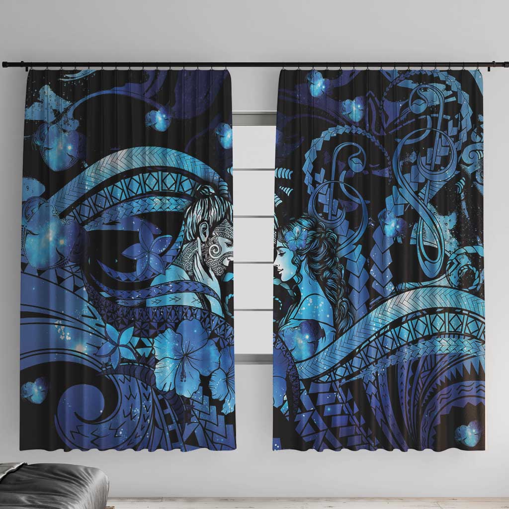 Maori Romantic Valentine Window Curtain The Hongi Kiss Blue Galaxy DT05 With Hooks Blue - Polynesian Pride