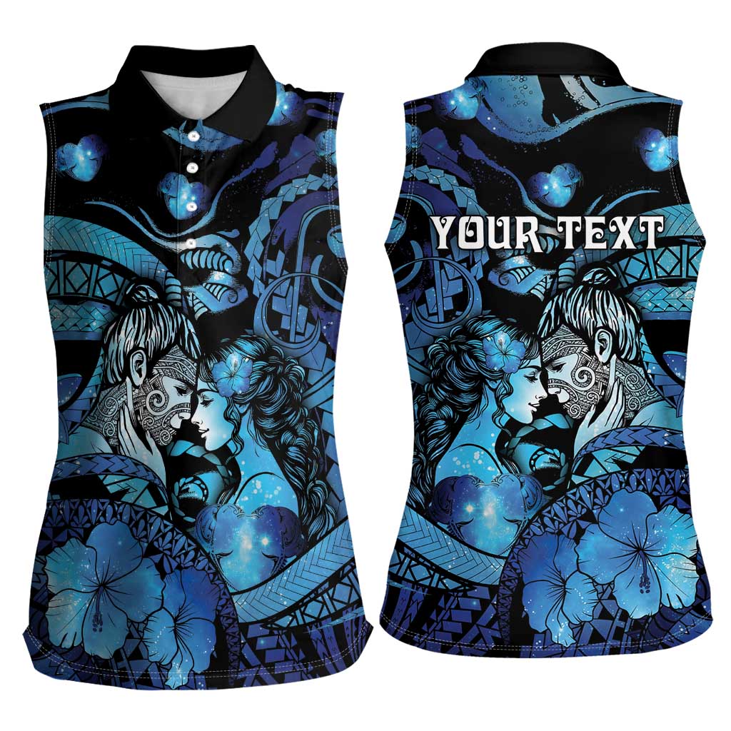 Personalised Maori Romantic Valentine Women Sleeveless Polo Shirt The Hongi Kiss Blue Galaxy