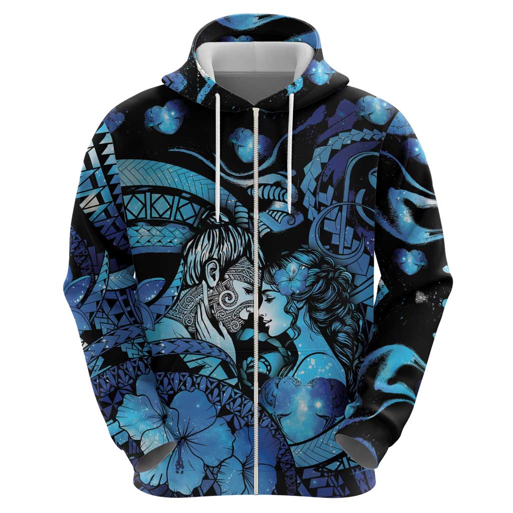 Personalised Maori Romantic Valentine Zip Hoodie The Hongi Kiss Blue Galaxy DT05 - Polynesian Pride