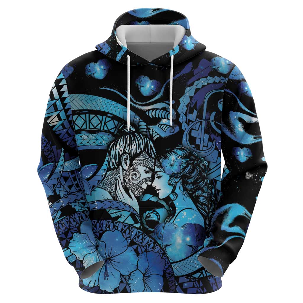 Personalised Maori Romantic Valentine Zip Hoodie The Hongi Kiss Blue Galaxy DT05 - Polynesian Pride