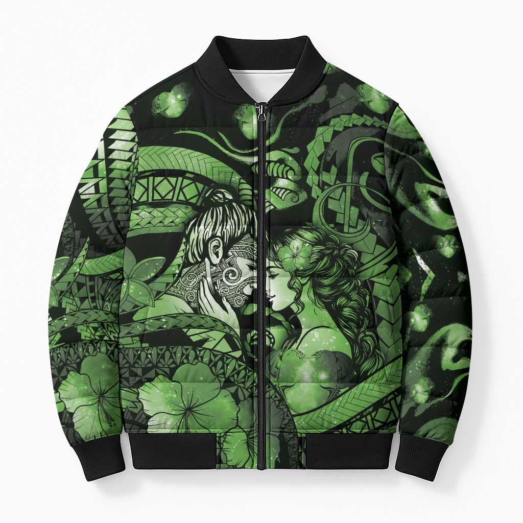 Personalised Maori Romantic Valentine Bomber Puffer Jacket The Hongi Kiss Green Galaxy DT05 Unisex Green - Polynesian Pride