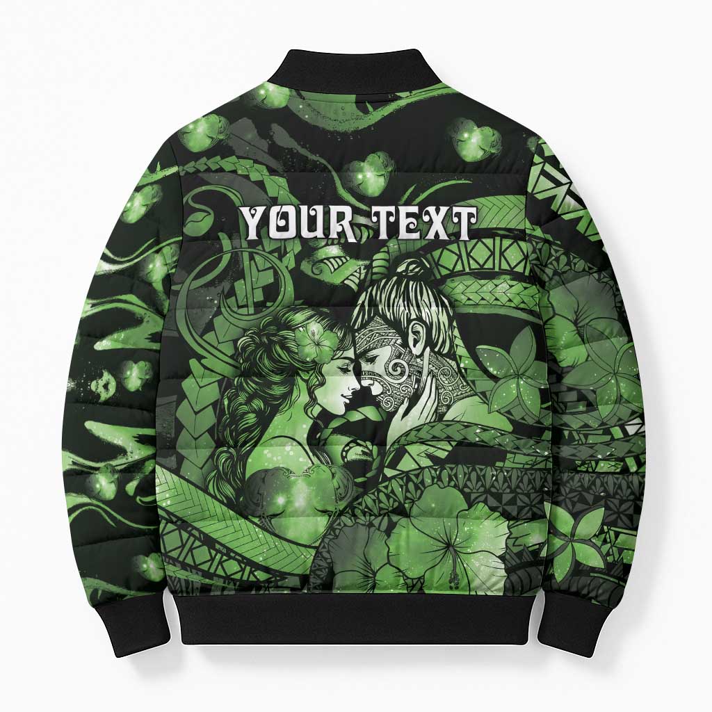 Personalised Maori Romantic Valentine Bomber Puffer Jacket The Hongi Kiss Green Galaxy DT05 - Polynesian Pride