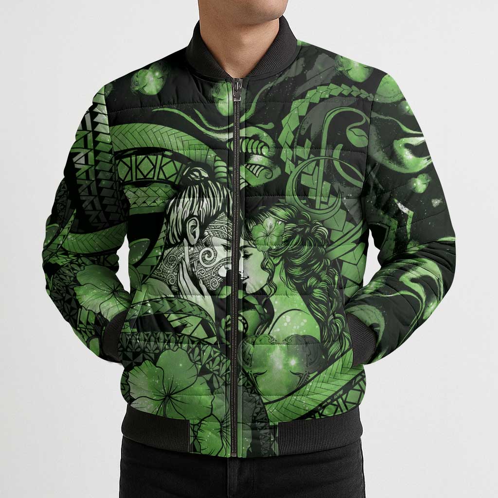 Personalised Maori Romantic Valentine Bomber Puffer Jacket The Hongi Kiss Green Galaxy DT05 - Polynesian Pride