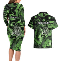 Personalised Maori Romantic Valentine Couples Matching Long Sleeve Bodycon Dress and Hawaiian Shirt The Hongi Kiss Green Galaxy