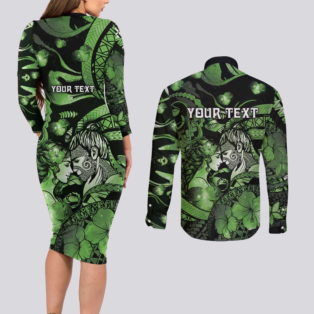 Personalised Maori Romantic Valentine Couples Matching Long Sleeve Bodycon Dress and Long Sleeve Button Shirt The Hongi Kiss Green Galaxy