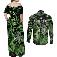 Personalised Maori Romantic Valentine Couples Matching Off Shoulder Maxi Dress and Long Sleeve Button Shirt The Hongi Kiss Green Galaxy