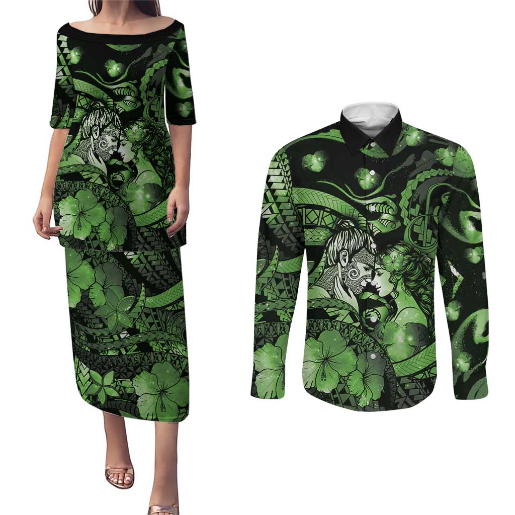 Personalised Maori Romantic Valentine Couples Matching Puletasi and Long Sleeve Button Shirt The Hongi Kiss Green Galaxy DT05 Green - Polynesian Pride