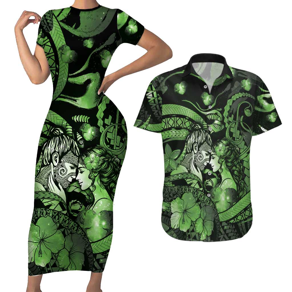 Personalised Maori Romantic Valentine Couples Matching Short Sleeve Bodycon Dress and Hawaiian Shirt The Hongi Kiss Green Galaxy