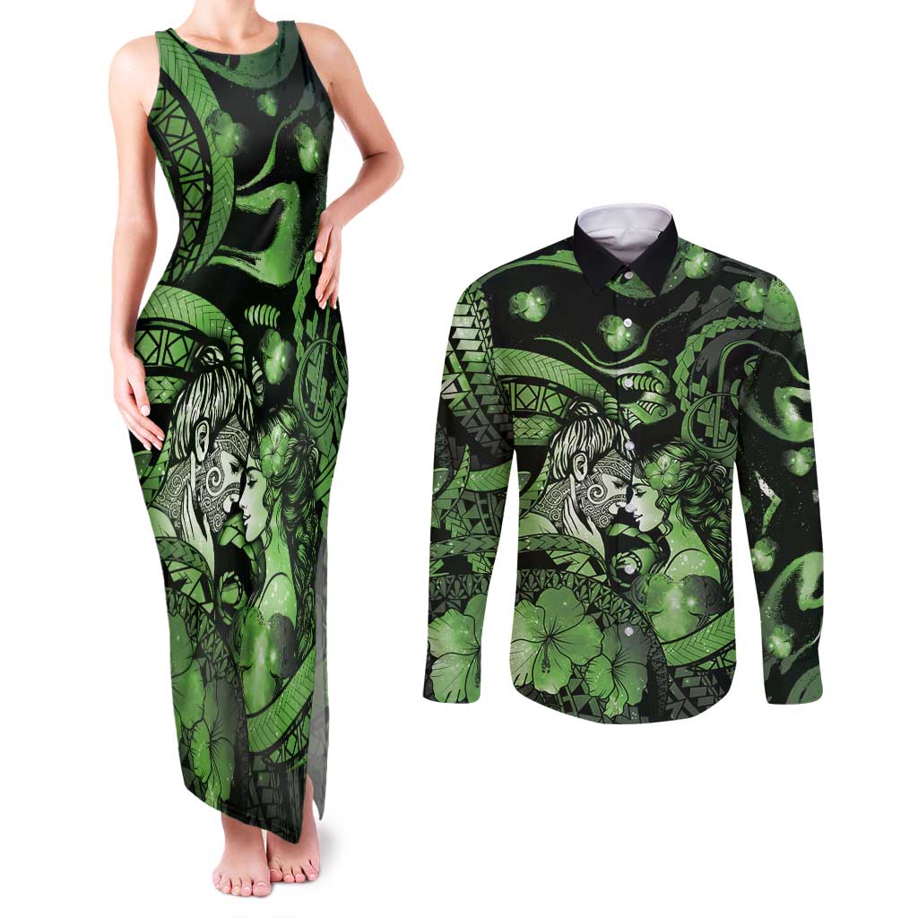 Personalised Maori Romantic Valentine Couples Matching Tank Maxi Dress and Long Sleeve Button Shirt The Hongi Kiss Green Galaxy DT05 Green - Polynesian Pride