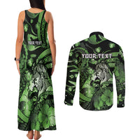 Personalised Maori Romantic Valentine Couples Matching Tank Maxi Dress and Long Sleeve Button Shirt The Hongi Kiss Green Galaxy