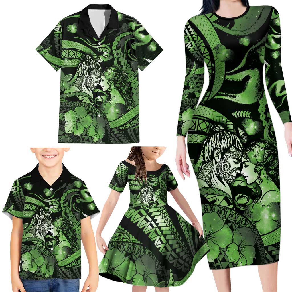Personalised Maori Romantic Valentine Family Matching Long Sleeve Bodycon Dress and Hawaiian Shirt The Hongi Kiss Green Galaxy DT05 - Polynesian Pride