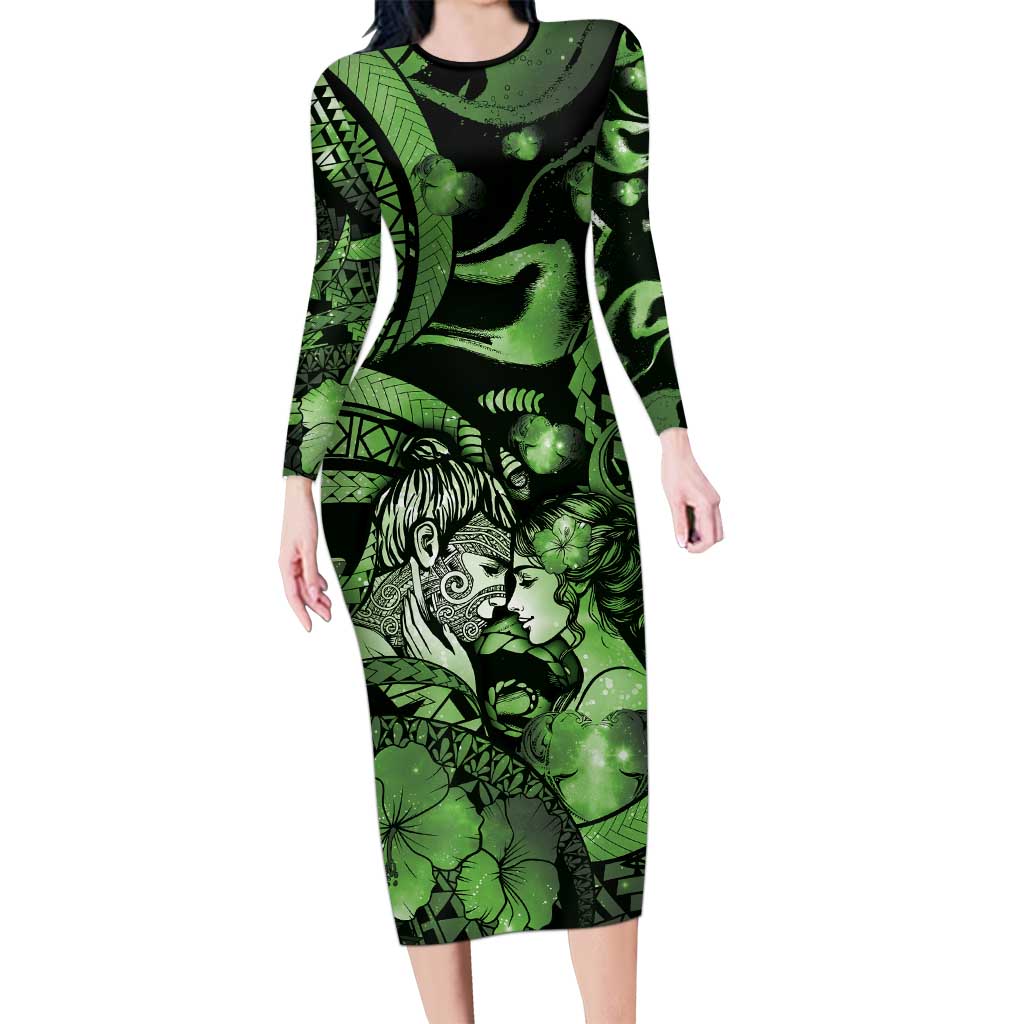Personalised Maori Romantic Valentine Family Matching Long Sleeve Bodycon Dress and Hawaiian Shirt The Hongi Kiss Green Galaxy