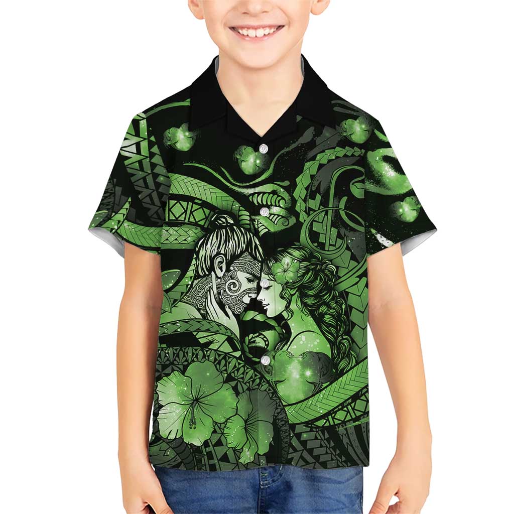 Personalised Maori Romantic Valentine Family Matching Long Sleeve Bodycon Dress and Hawaiian Shirt The Hongi Kiss Green Galaxy