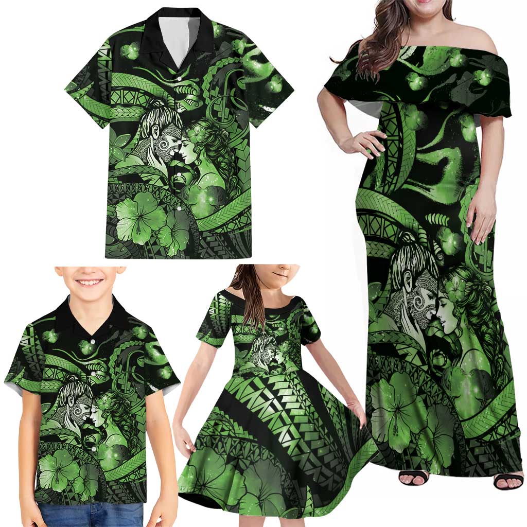 Personalised Maori Romantic Valentine Family Matching Off Shoulder Maxi Dress and Hawaiian Shirt The Hongi Kiss Green Galaxy