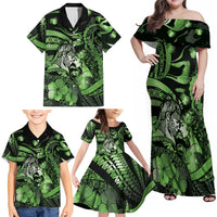 Personalised Maori Romantic Valentine Family Matching Off Shoulder Maxi Dress and Hawaiian Shirt The Hongi Kiss Green Galaxy