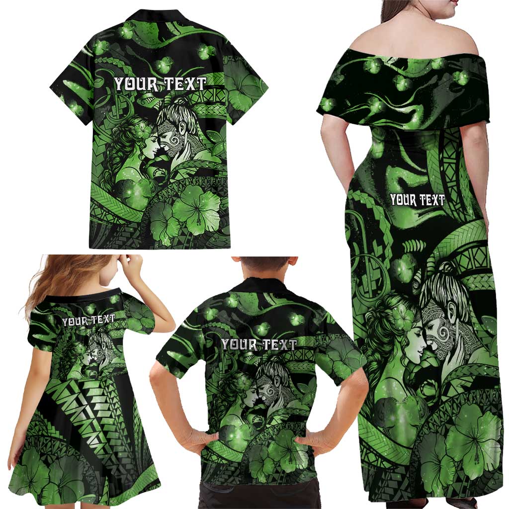 Personalised Maori Romantic Valentine Family Matching Off Shoulder Maxi Dress and Hawaiian Shirt The Hongi Kiss Green Galaxy