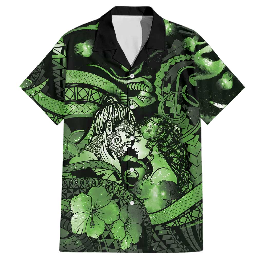 Personalised Maori Romantic Valentine Family Matching Off Shoulder Maxi Dress and Hawaiian Shirt The Hongi Kiss Green Galaxy