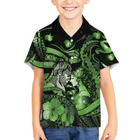 Personalised Maori Romantic Valentine Family Matching Off Shoulder Short Dress and Hawaiian Shirt The Hongi Kiss Green Galaxy