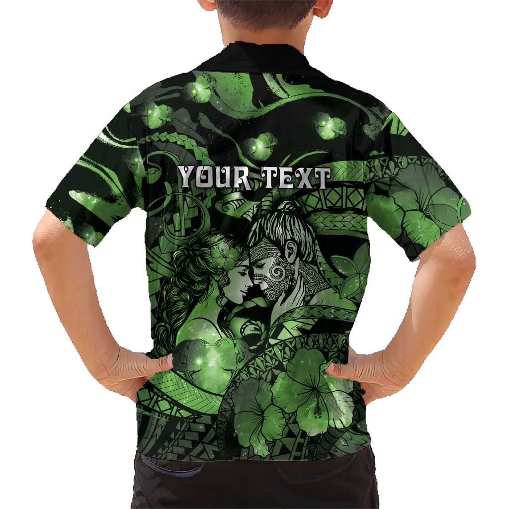Personalised Maori Romantic Valentine Family Matching Short Sleeve Bodycon Dress and Hawaiian Shirt The Hongi Kiss Green Galaxy