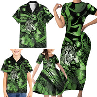 Personalised Maori Romantic Valentine Family Matching Short Sleeve Bodycon Dress and Hawaiian Shirt The Hongi Kiss Green Galaxy