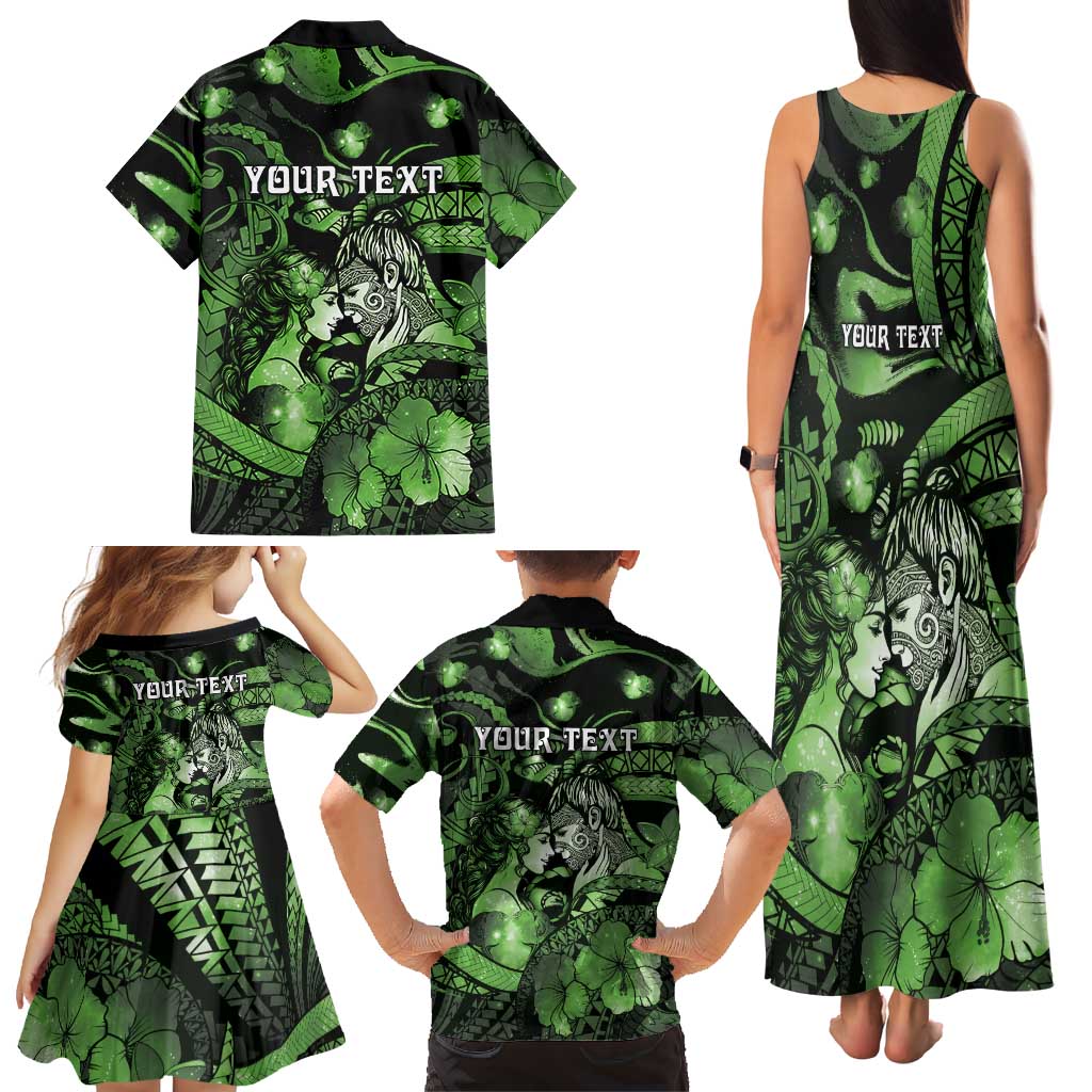 Personalised Maori Romantic Valentine Family Matching Tank Maxi Dress and Hawaiian Shirt The Hongi Kiss Green Galaxy