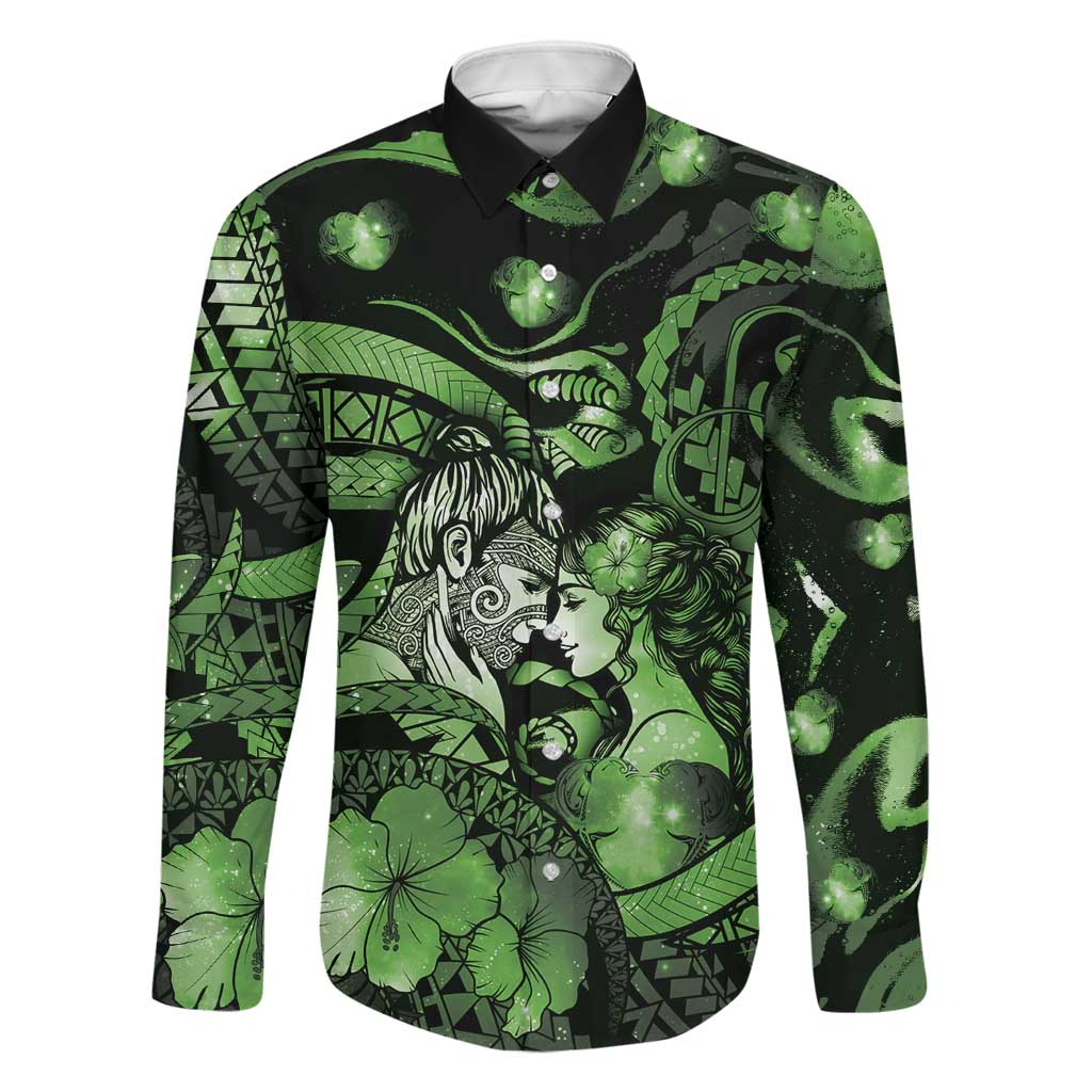 Personalised Maori Romantic Valentine Family Matching Tank Maxi Dress and Hawaiian Shirt The Hongi Kiss Green Galaxy