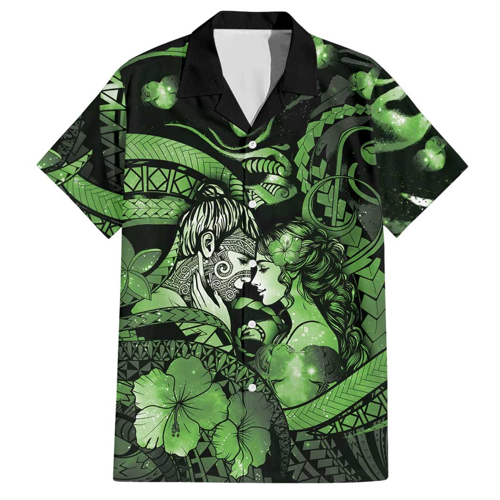 Personalised Maori Romantic Valentine Hawaiian Shirt The Hongi Kiss Green Galaxy