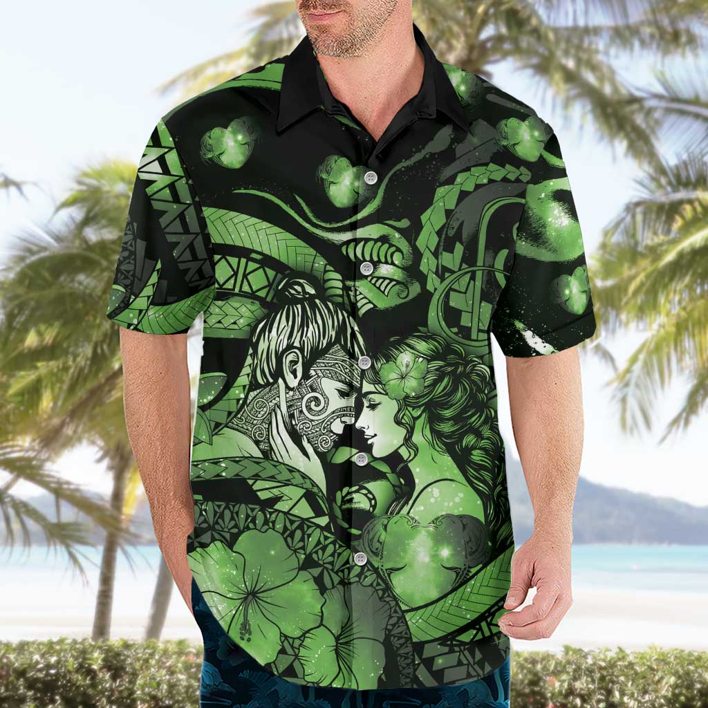 Personalised Maori Romantic Valentine Hawaiian Shirt The Hongi Kiss Green Galaxy