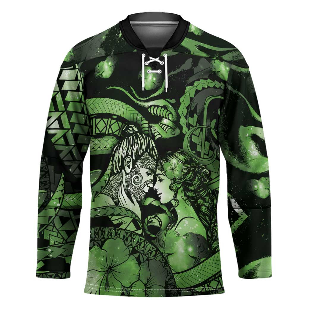 Personalised Maori Romantic Valentine Hockey Jersey The Hongi Kiss Green Galaxy DT05 Unisex Green - Polynesian Pride